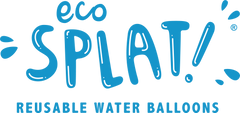 EcoSplat Reusable Water Balloons logo. Blue with water drops and font to show environmental credentials. 