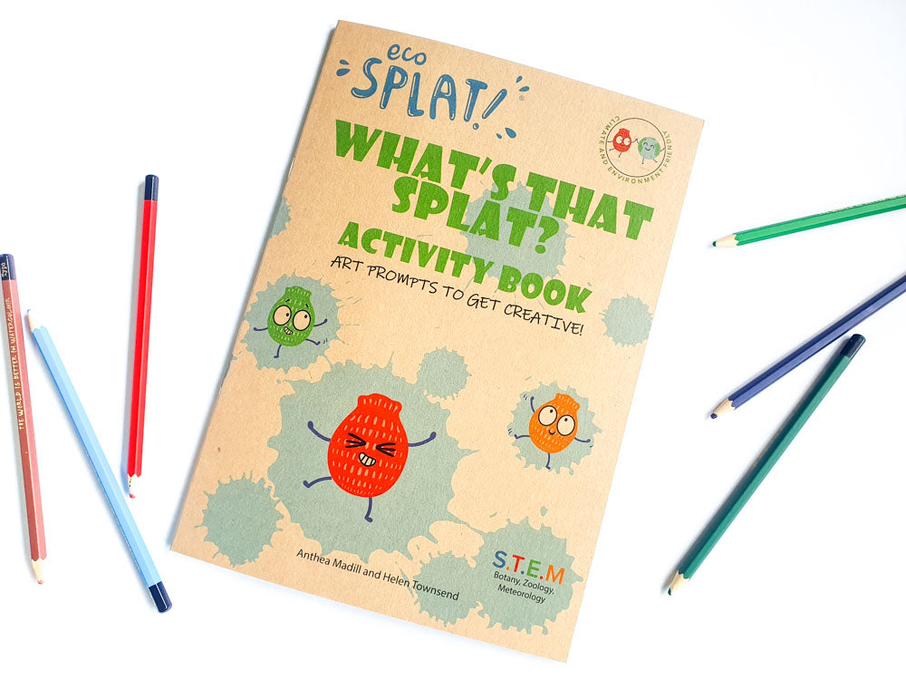 What's that Splat? Activity book with 6 different coloured pencils around it