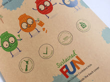 Load image into Gallery viewer, Close up of the back cover of What&#39;s that Splat? Activity Book. Shows 4 different coloured EcoSplat reusable water balloon characters: red, green, blue, yellow. Shows the Sustained Fun logo and icons showing New Zealand owned and operated, plastic free, 120% carbon offset, recyclable and compostable packaging.
