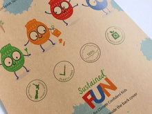 Load image into Gallery viewer, The back cover of What&#39;s that Splat Activity Book showing EcoSplat characters, Sustained Fun logo and icons showing NZ owned and operated, plastic free, 120% carbon offset, recyclable and compostable packaging
